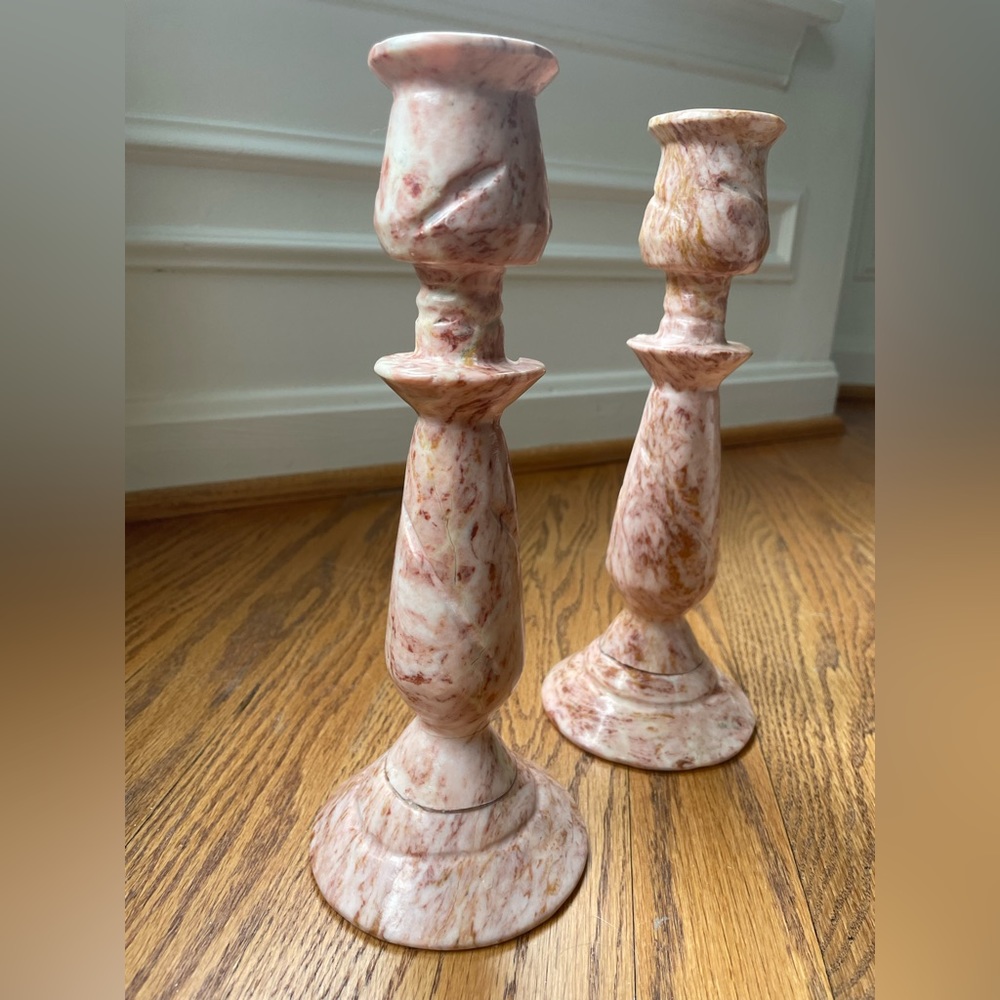 Burgundy Pink White Marble Alabaster Candle Holder Set of 2